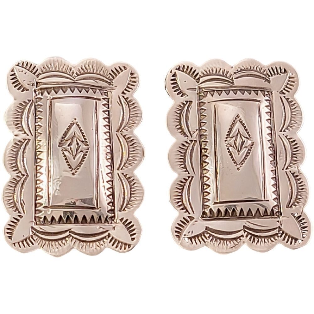 Vintage Wilber Tracy Navajo Sterling Silver Stamped Rectangle Concho Earrings